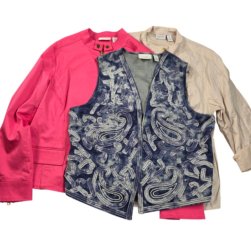 Chicos Zenergy Outerwear Bundle Jacket Vest Womens Size 2 Large Pink Tan Paisley